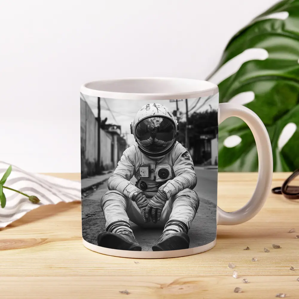 Astronaut Sitting Alone On City Street – Mugs