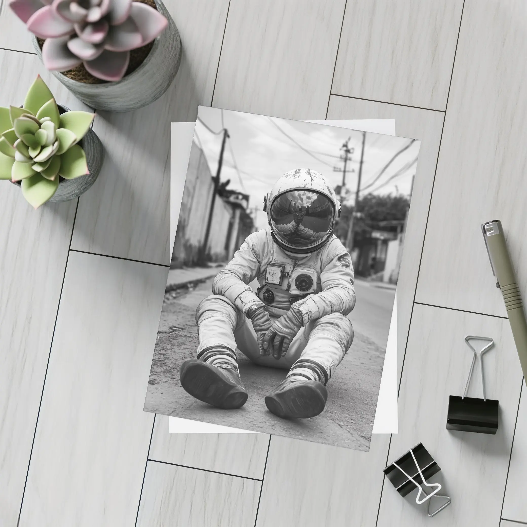 Astronaut Sitting Alone On City Street – Postcards