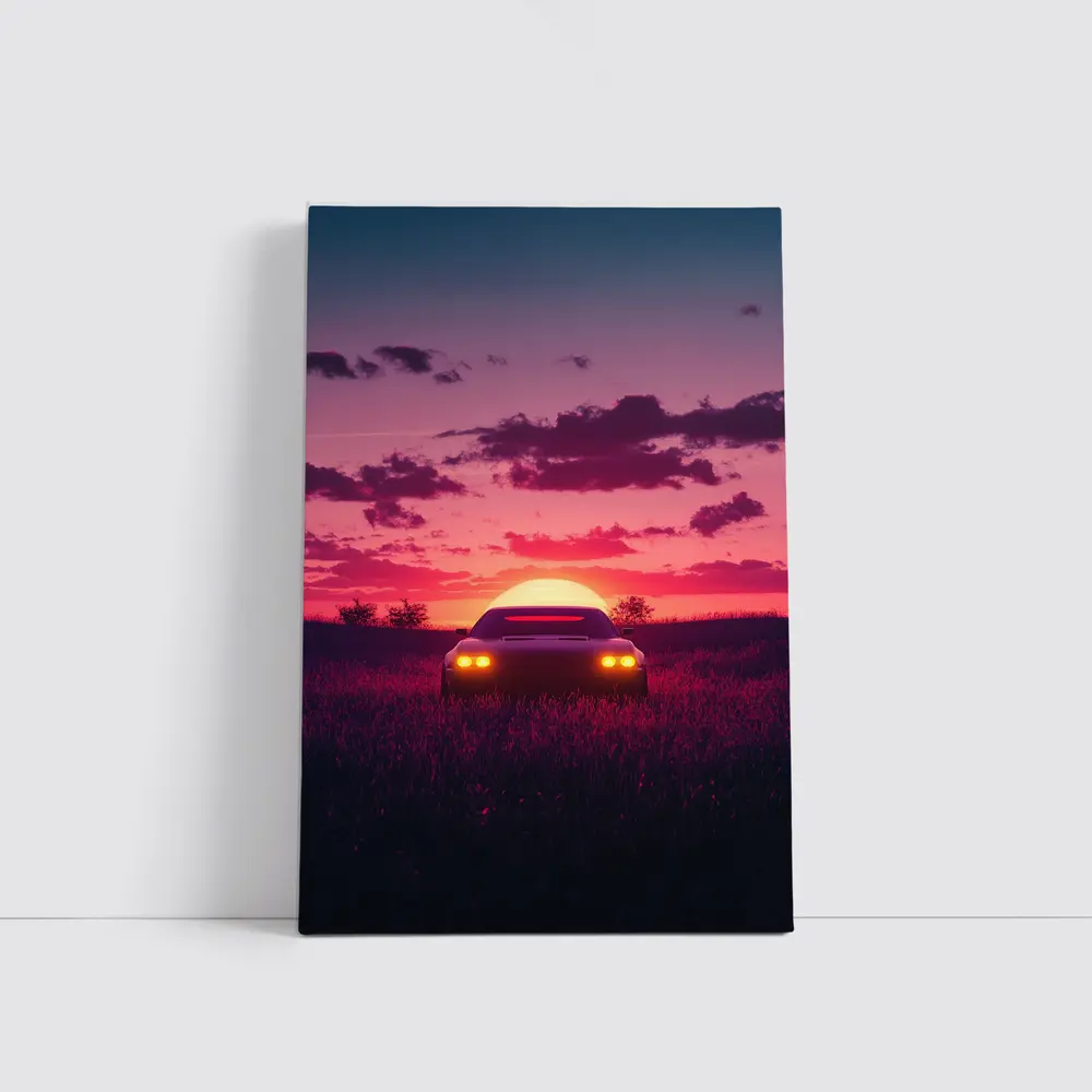 Muscle Car Silhouette Glowing Sunset Field – Wall Art