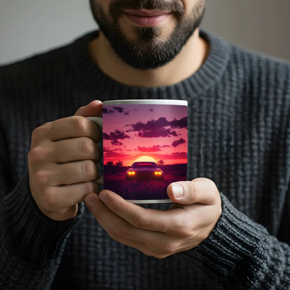 Muscle Car Silhouette Glowing Sunset Field – Mugs