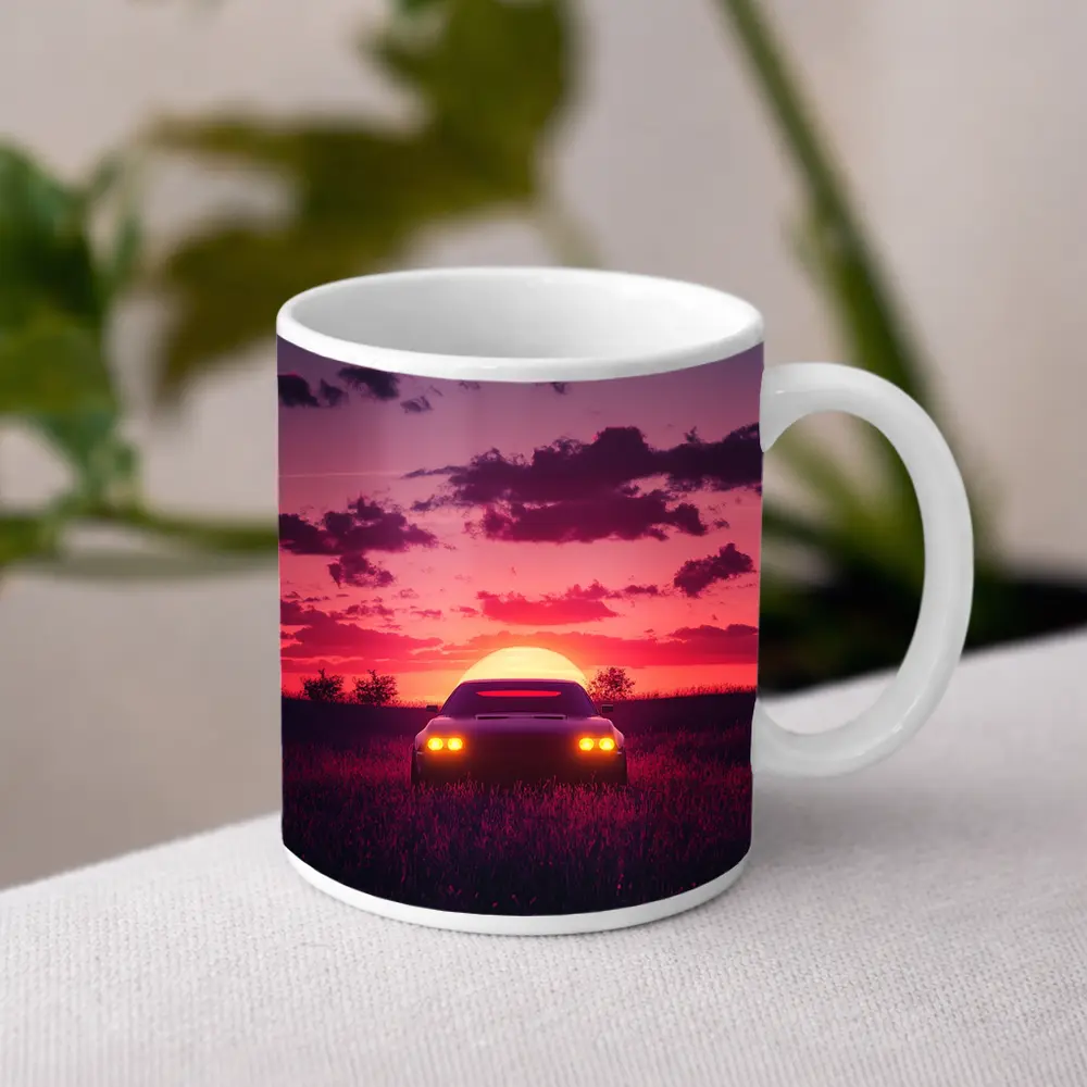 Muscle Car Silhouette Glowing Sunset Field – Mugs