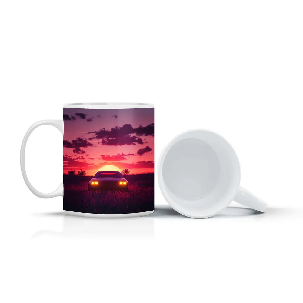 Muscle Car Silhouette Glowing Sunset Field – Mugs