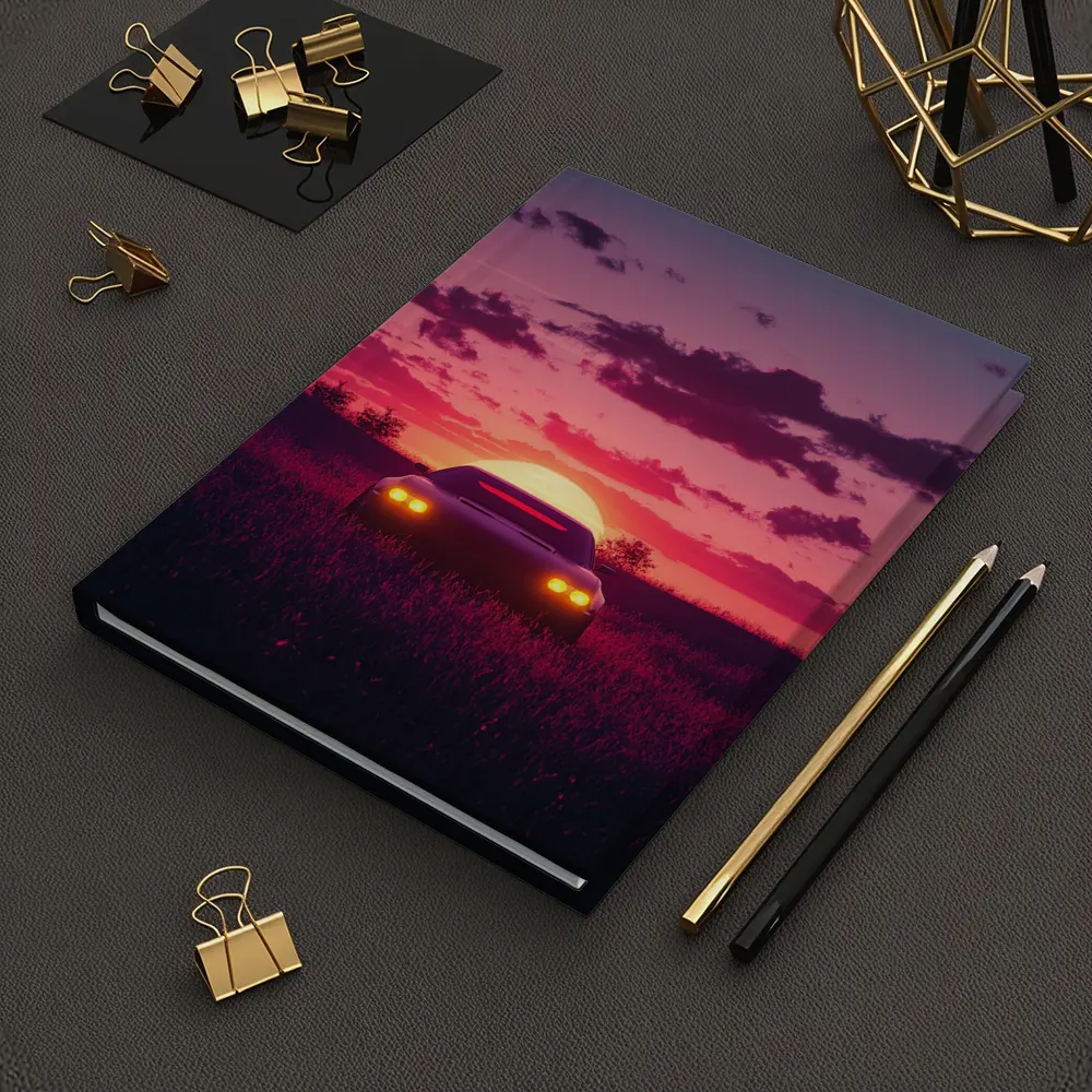 Muscle Car Silhouette Glowing Sunset Field – Notebooks