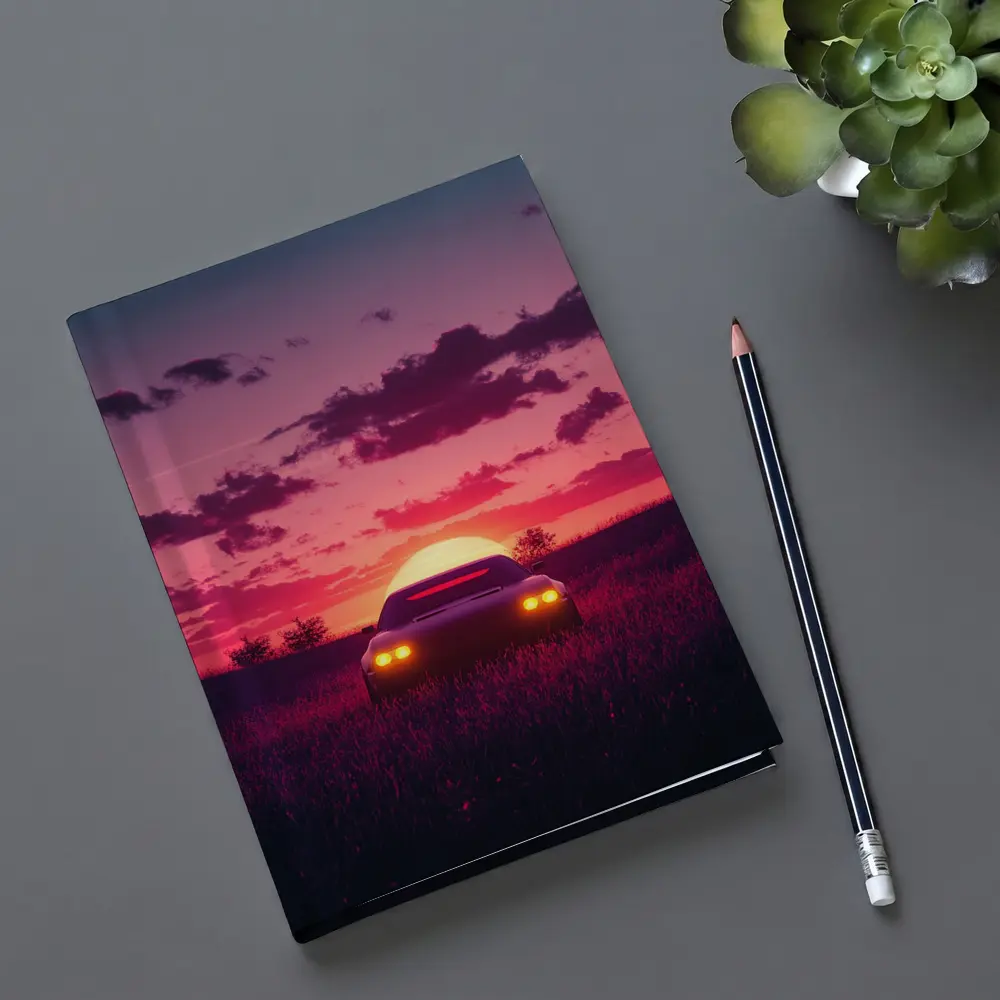 Muscle Car Silhouette Glowing Sunset Field – Notebooks