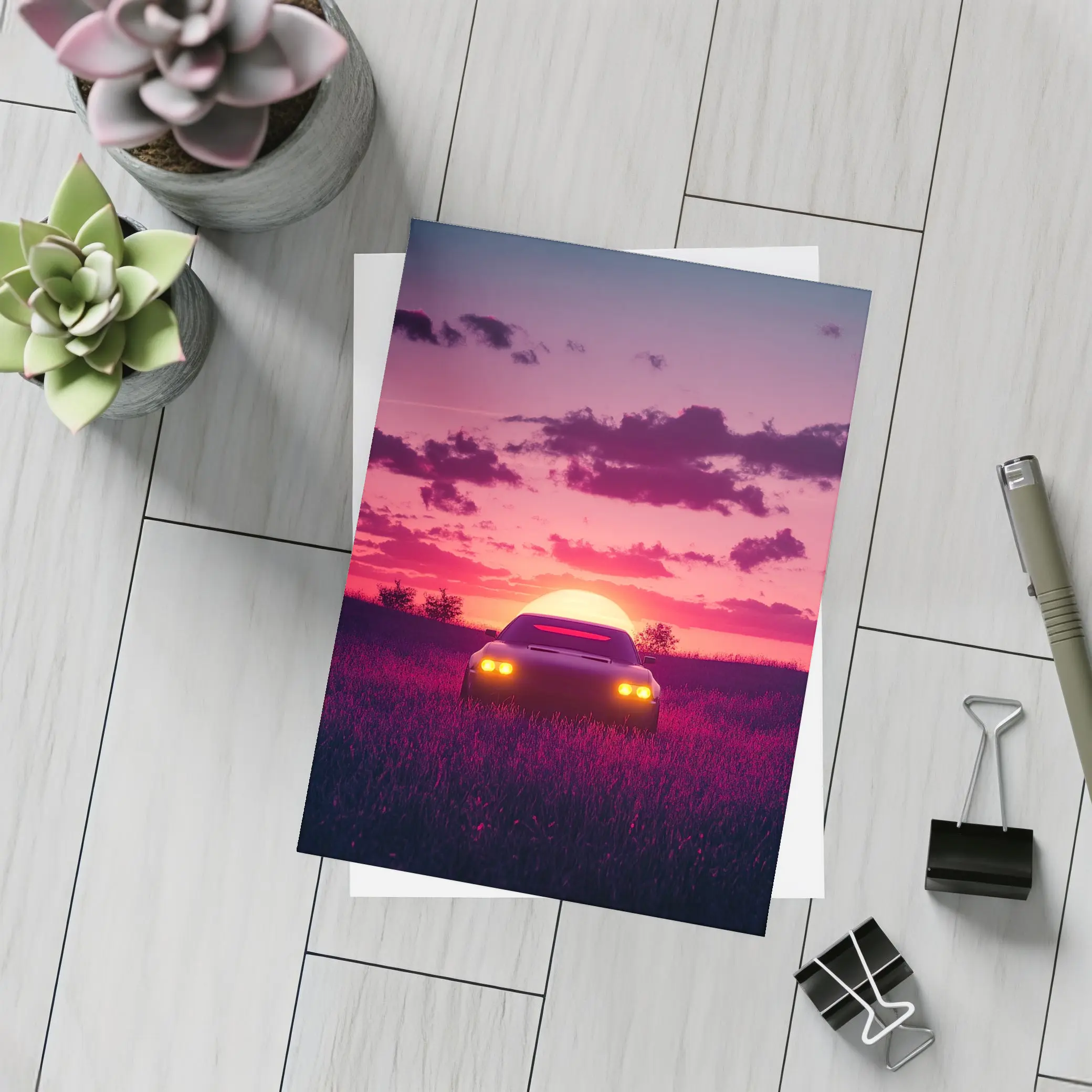 Muscle Car Silhouette Glowing Sunset Field – Postcards