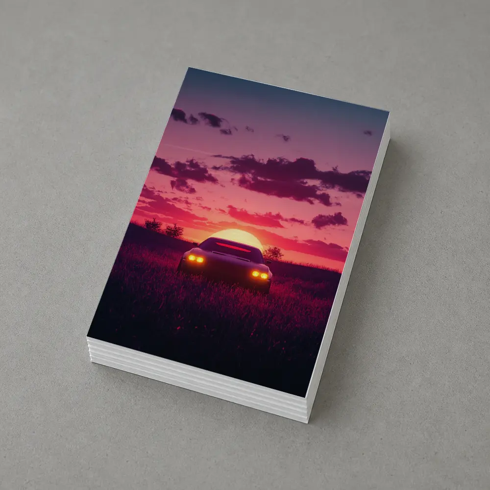 Muscle Car Silhouette Glowing Sunset Field – Postcards