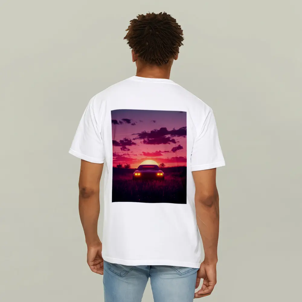 Muscle Car Silhouette Glowing Sunset Field – T-Shirts