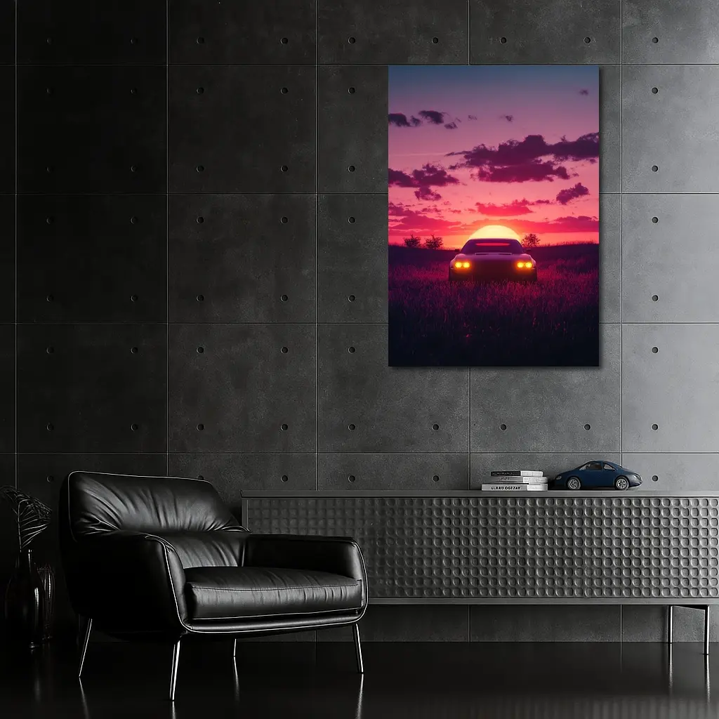 Muscle Car Silhouette Glowing Sunset Field – Wall Art