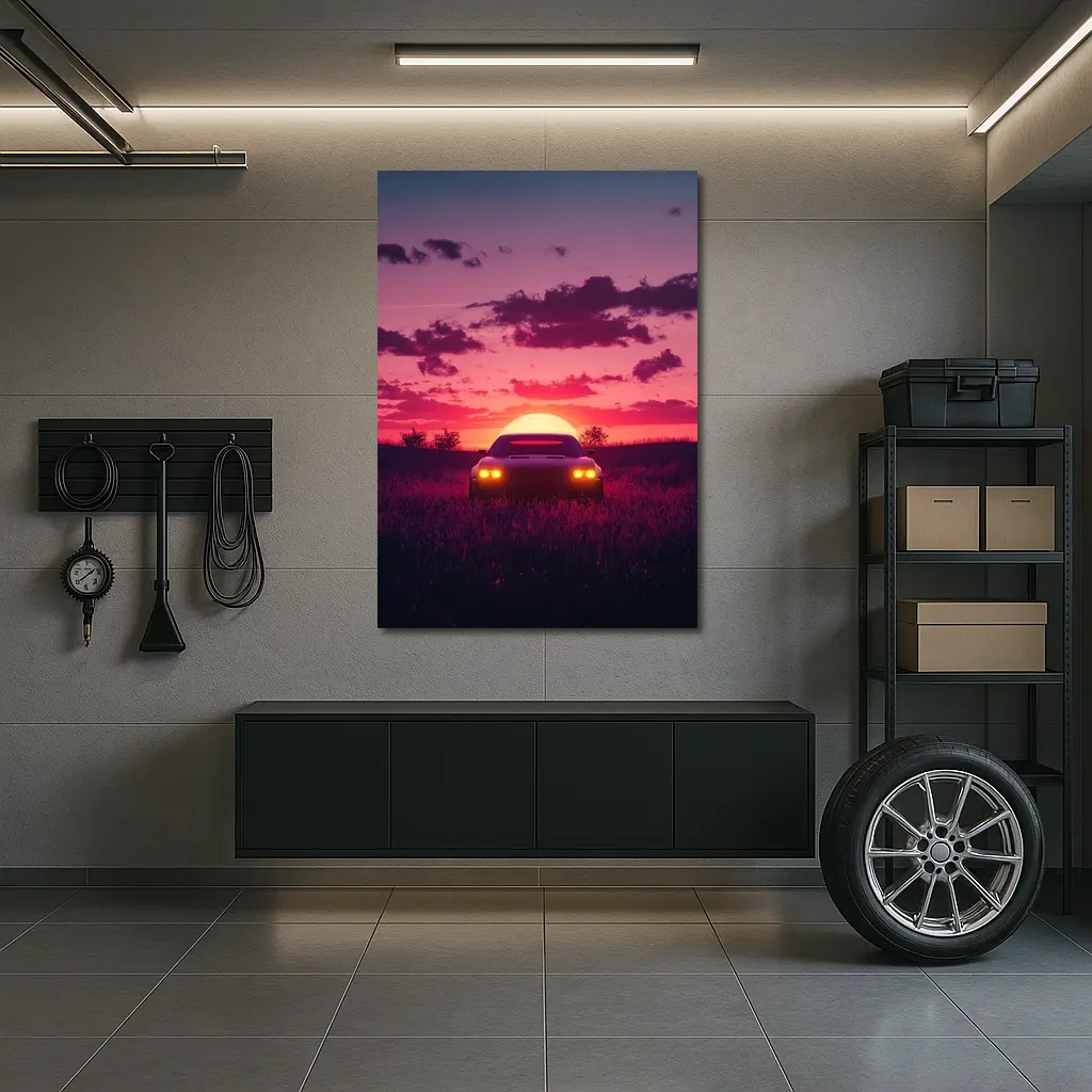 Muscle Car Silhouette Glowing Sunset Field – Wall Art