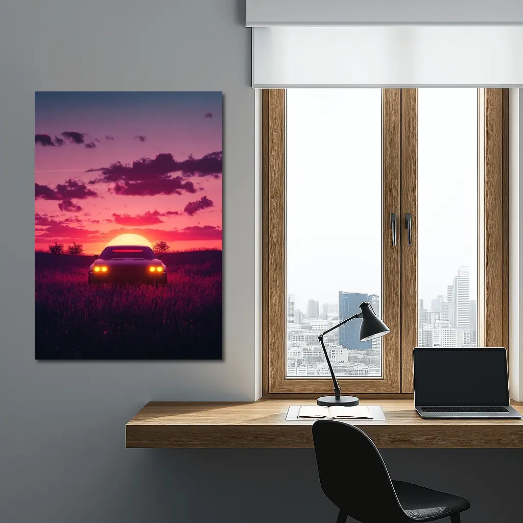 Muscle Car Silhouette Glowing Sunset Field – Wall Art