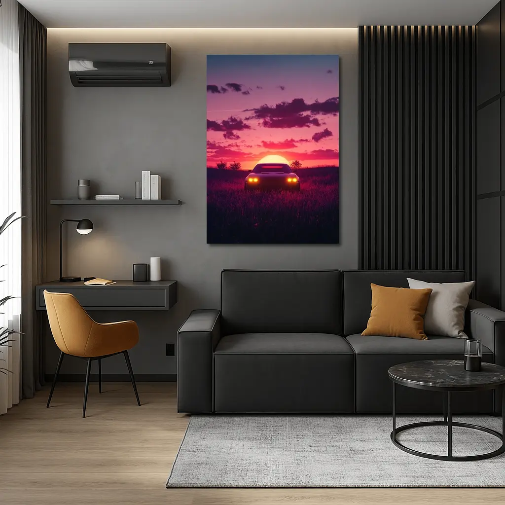 Muscle Car Silhouette Glowing Sunset Field – Wall Art