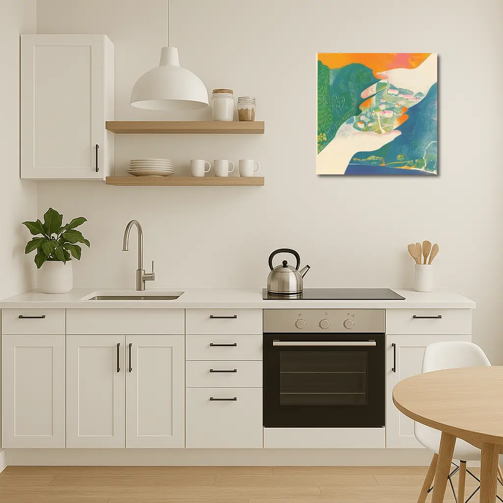 Hands Cradling Small Village Illustration Art – Wall Art