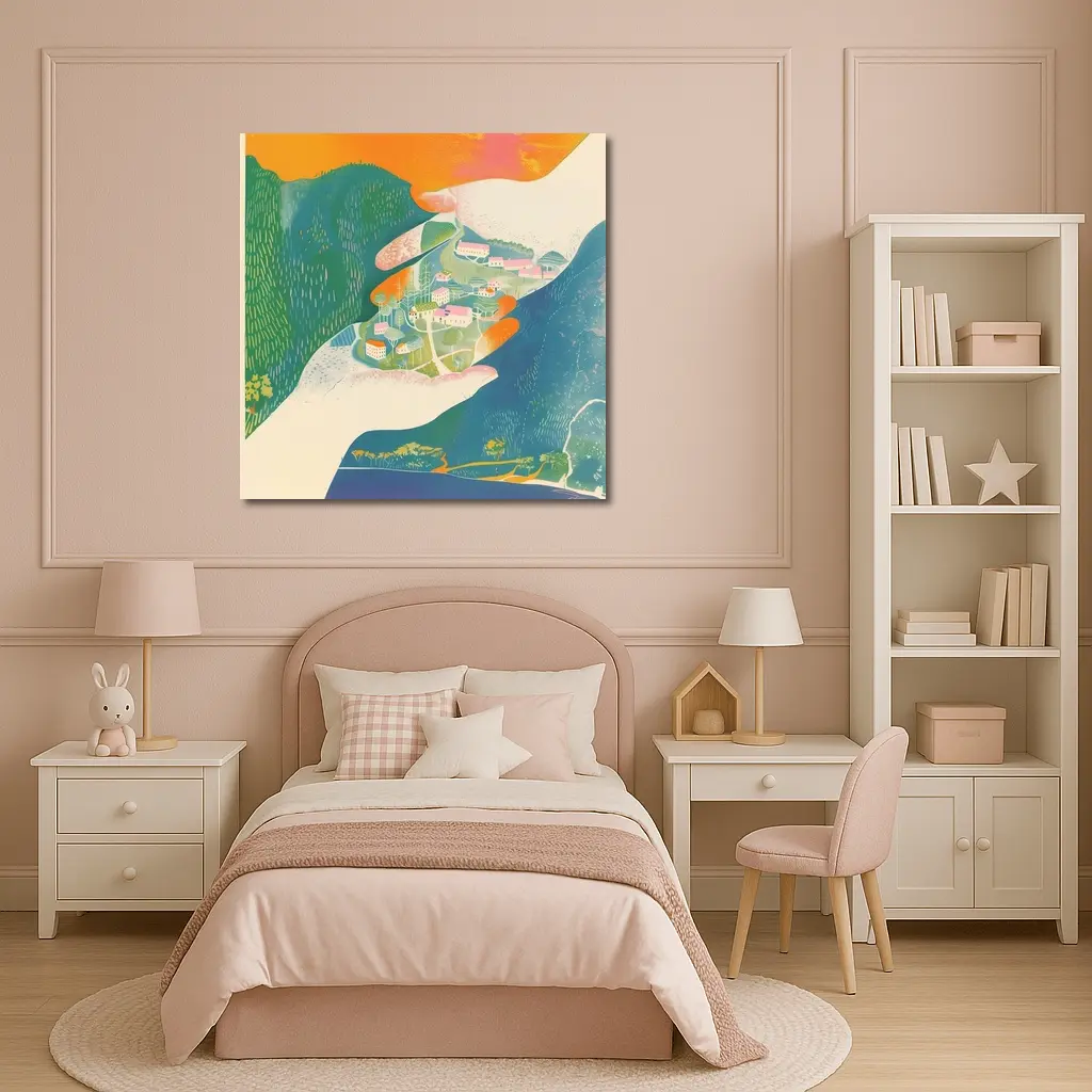 Hands Cradling Small Village Illustration Art – Wall Art