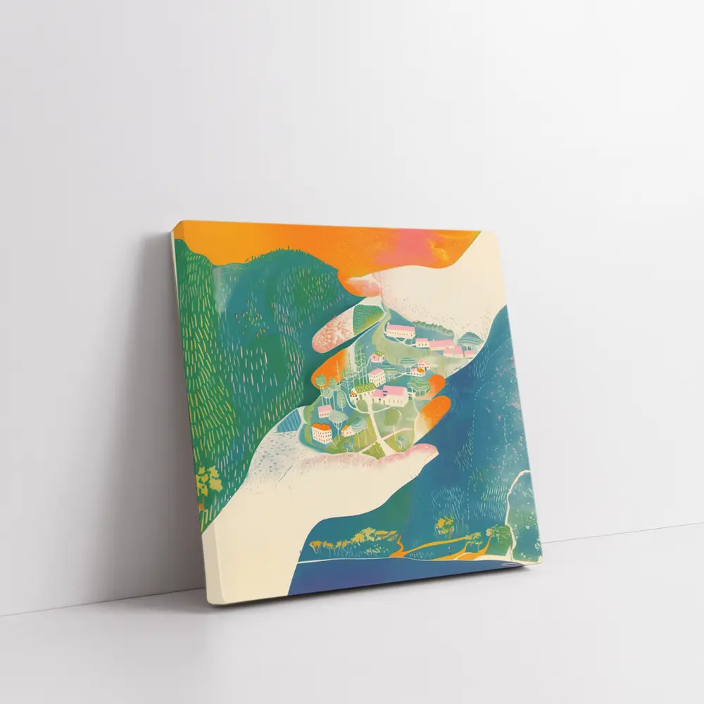 Hands Cradling Small Village Illustration Art – Wall Art