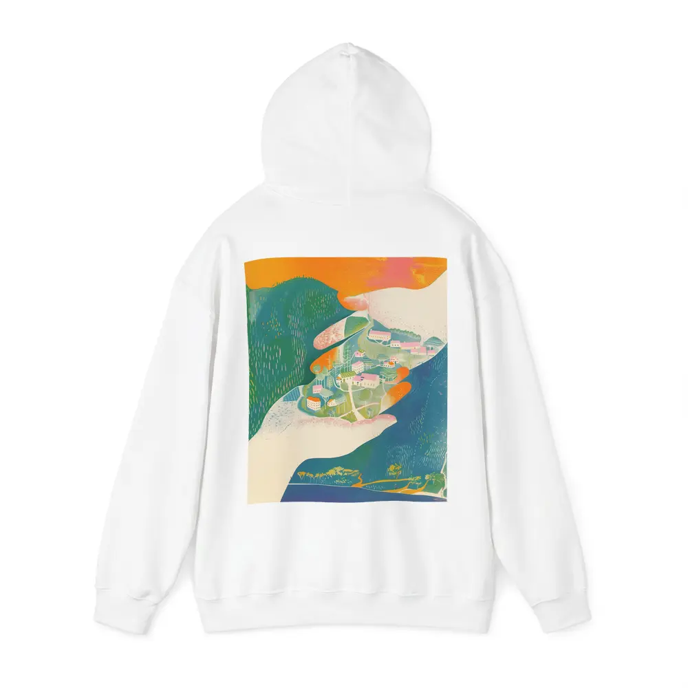 Hands Cradling Small Village Illustration Art – Hoodies