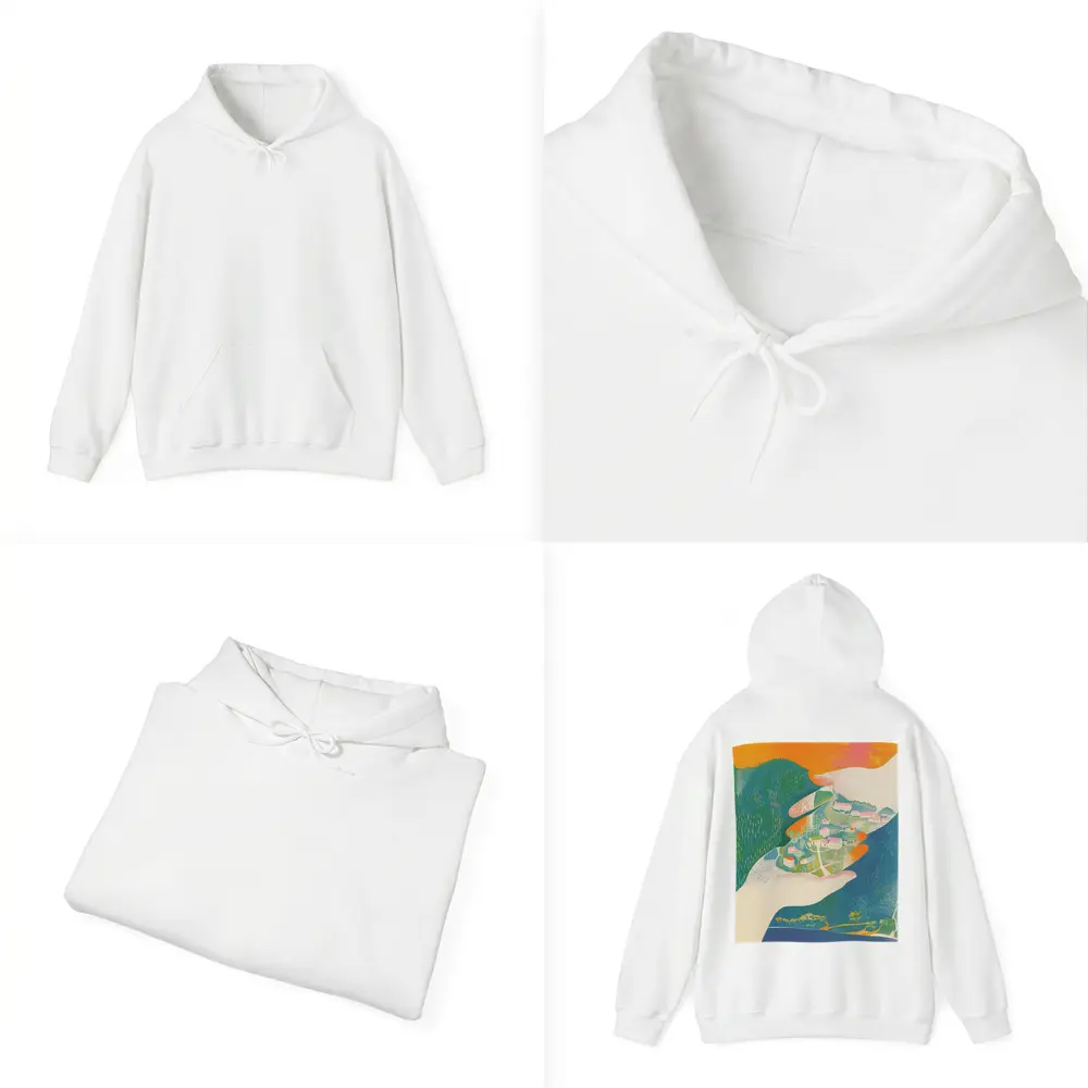 Hands Cradling Small Village Illustration Art – Hoodies