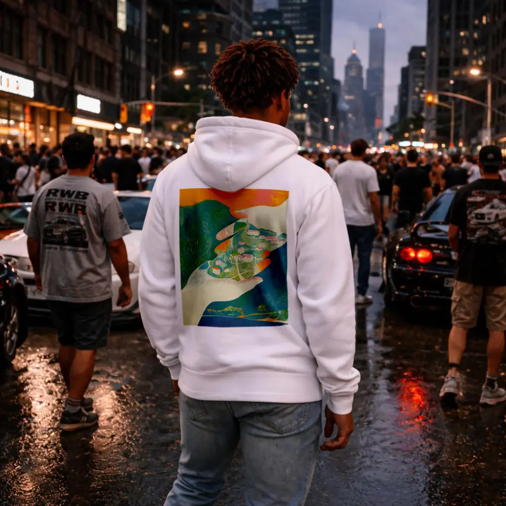 Hands Cradling Small Village Illustration Art – Hoodies