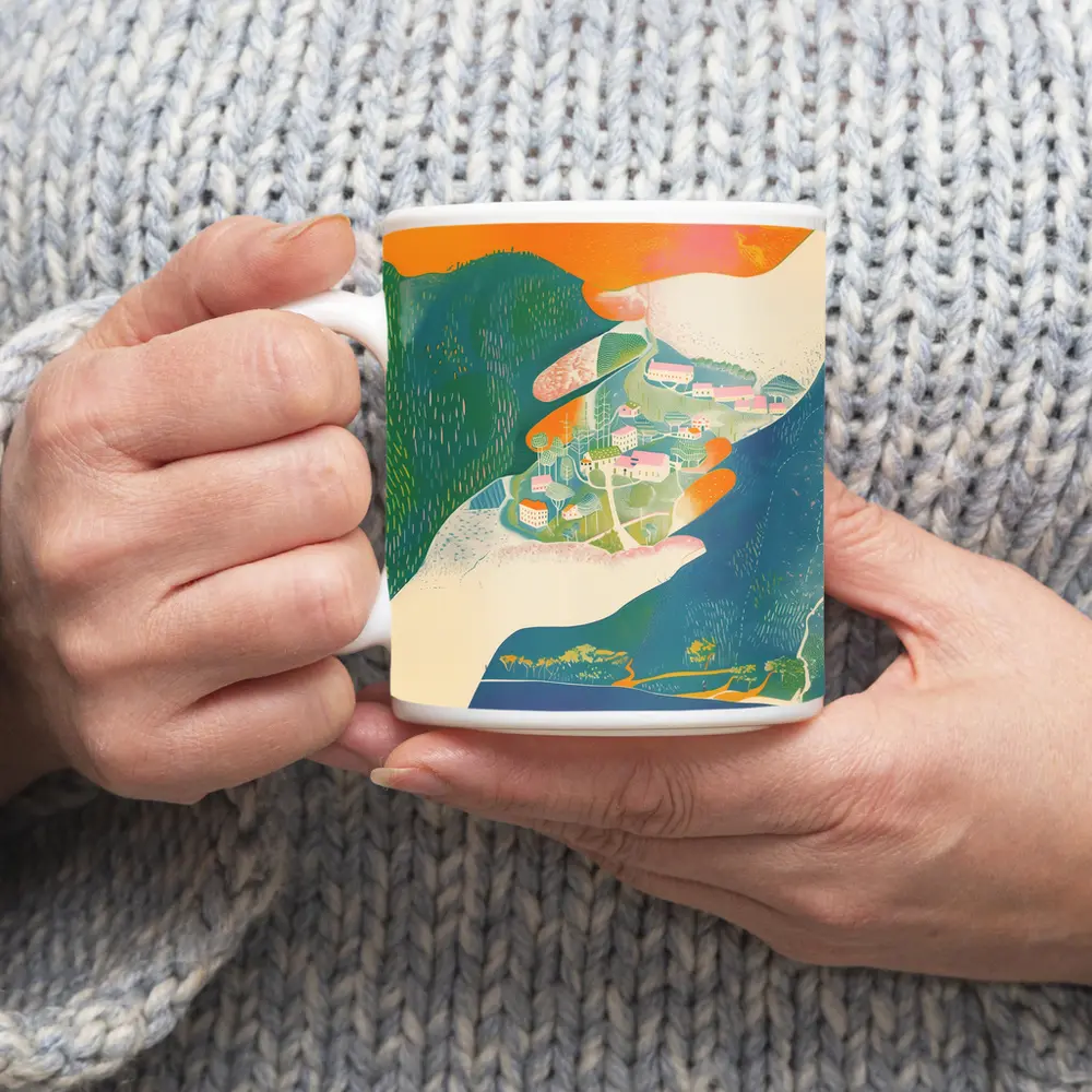 Hands Cradling Small Village Illustration Art – Mugs
