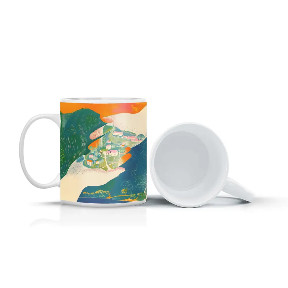 Hands Cradling Small Village Illustration Art – Mugs