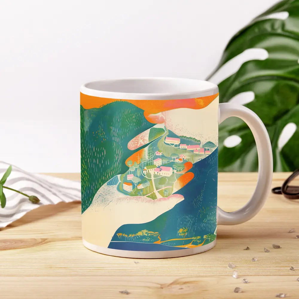 Hands Cradling Small Village Illustration Art – Mugs