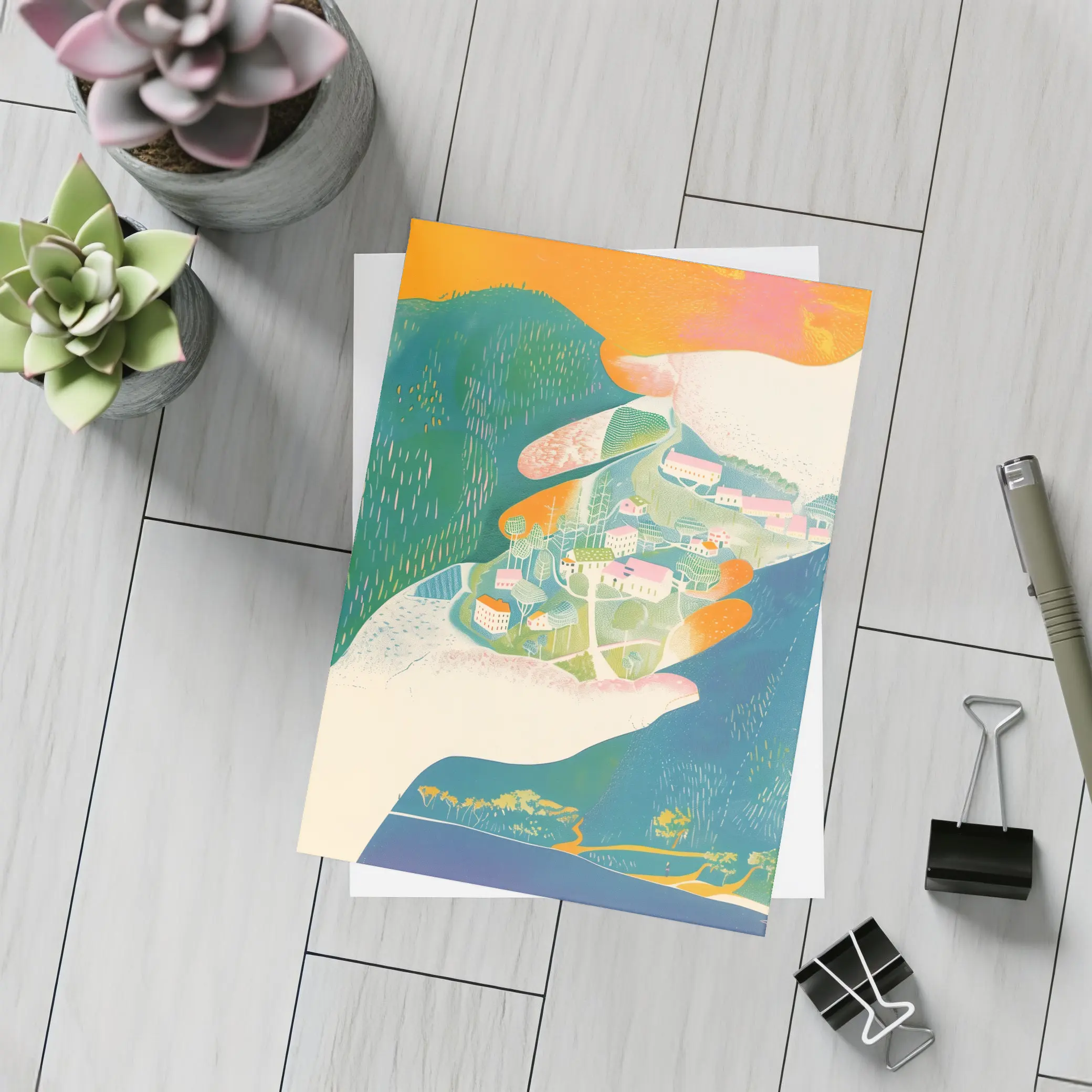 Hands Cradling Small Village Illustration Art – Postcards