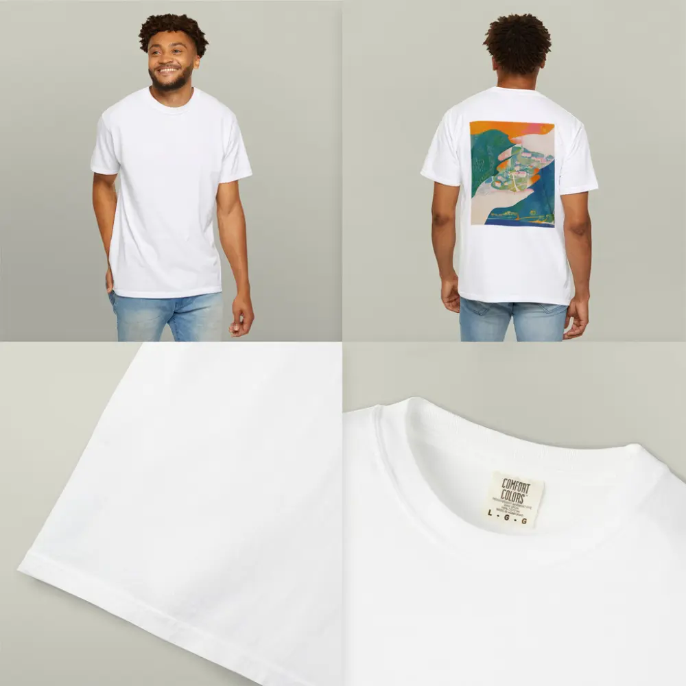 Hands Cradling Small Village Illustration Art – T-Shirts