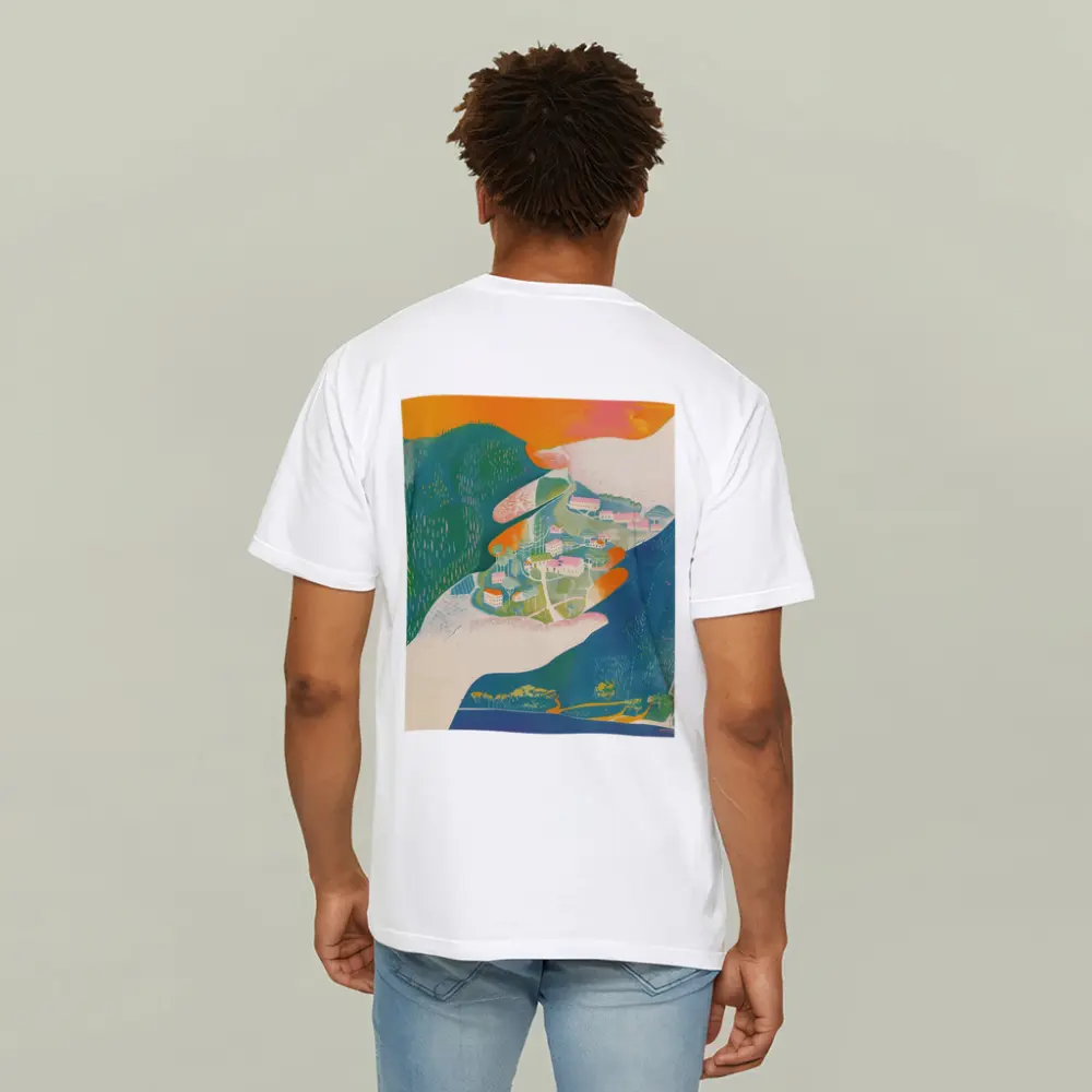 Hands Cradling Small Village Illustration Art – T-Shirts