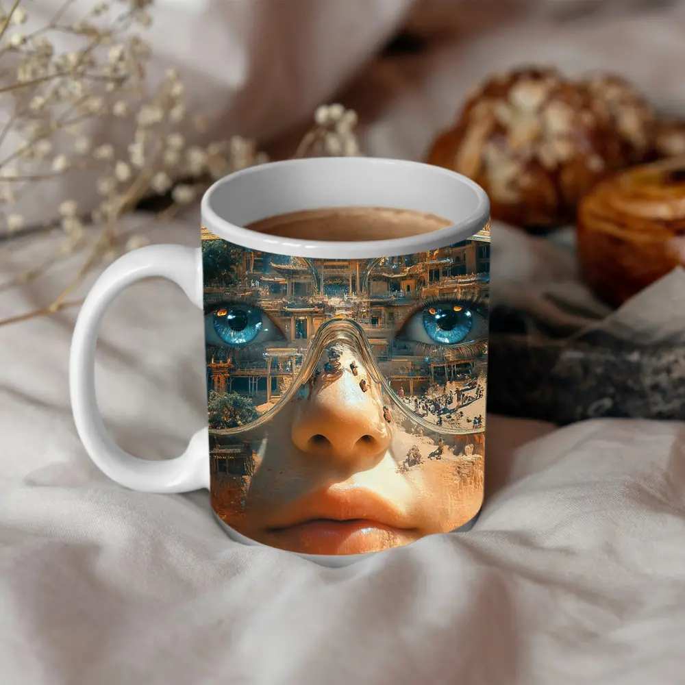Woman Face Double Exposure Ancient Temple – Mugs