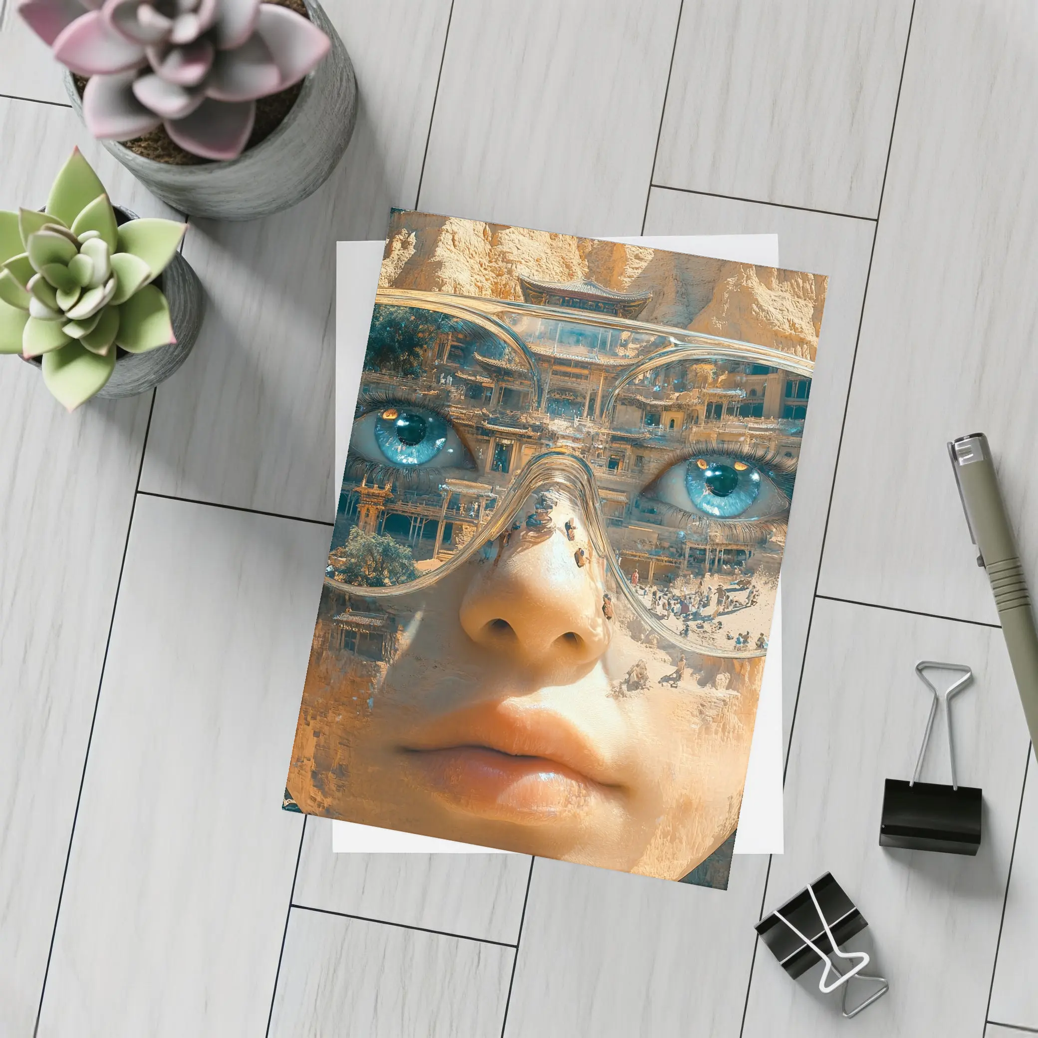 Woman Face Double Exposure Ancient Temple – Postcards