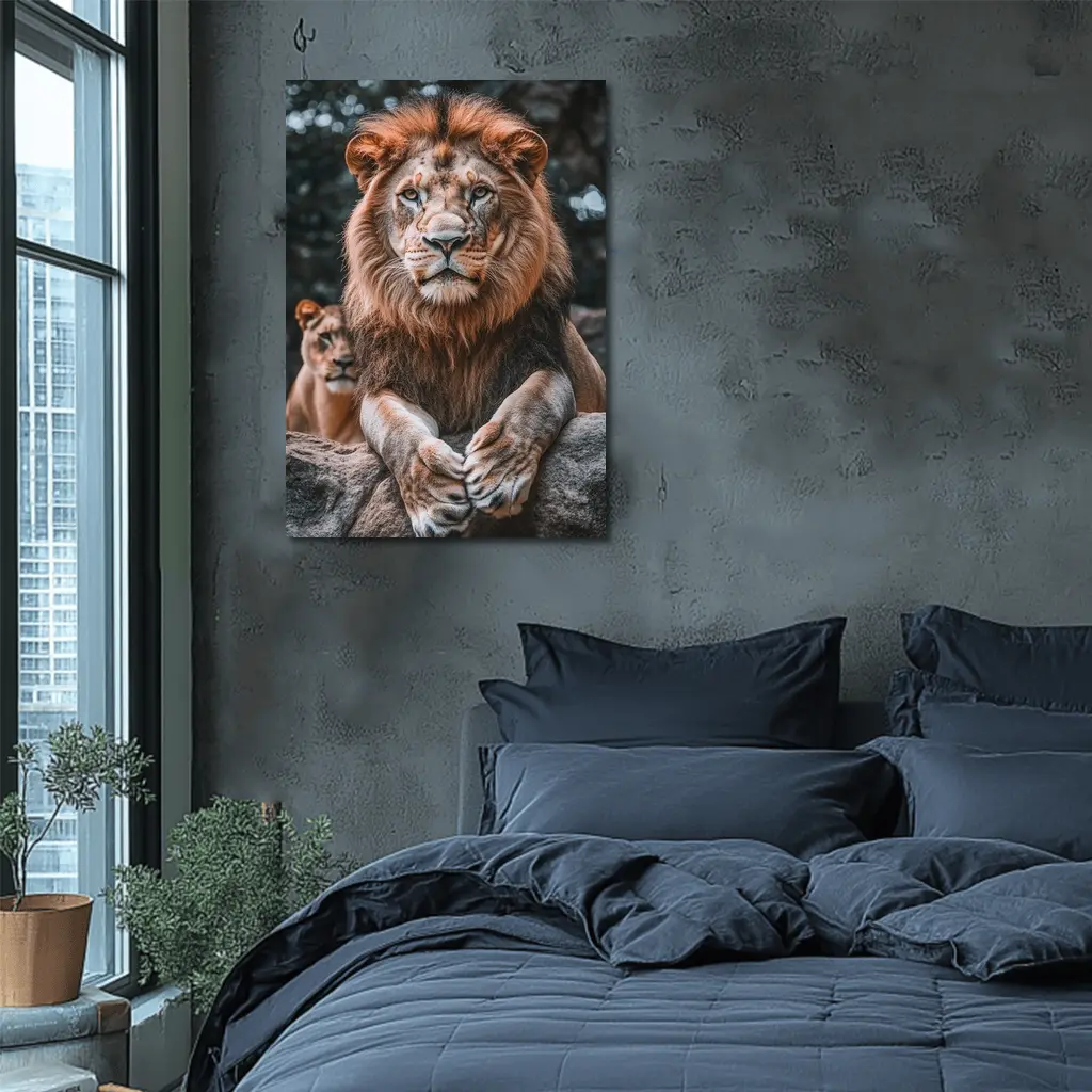 Male Lion Resting On Rocky Surface – Wall Art