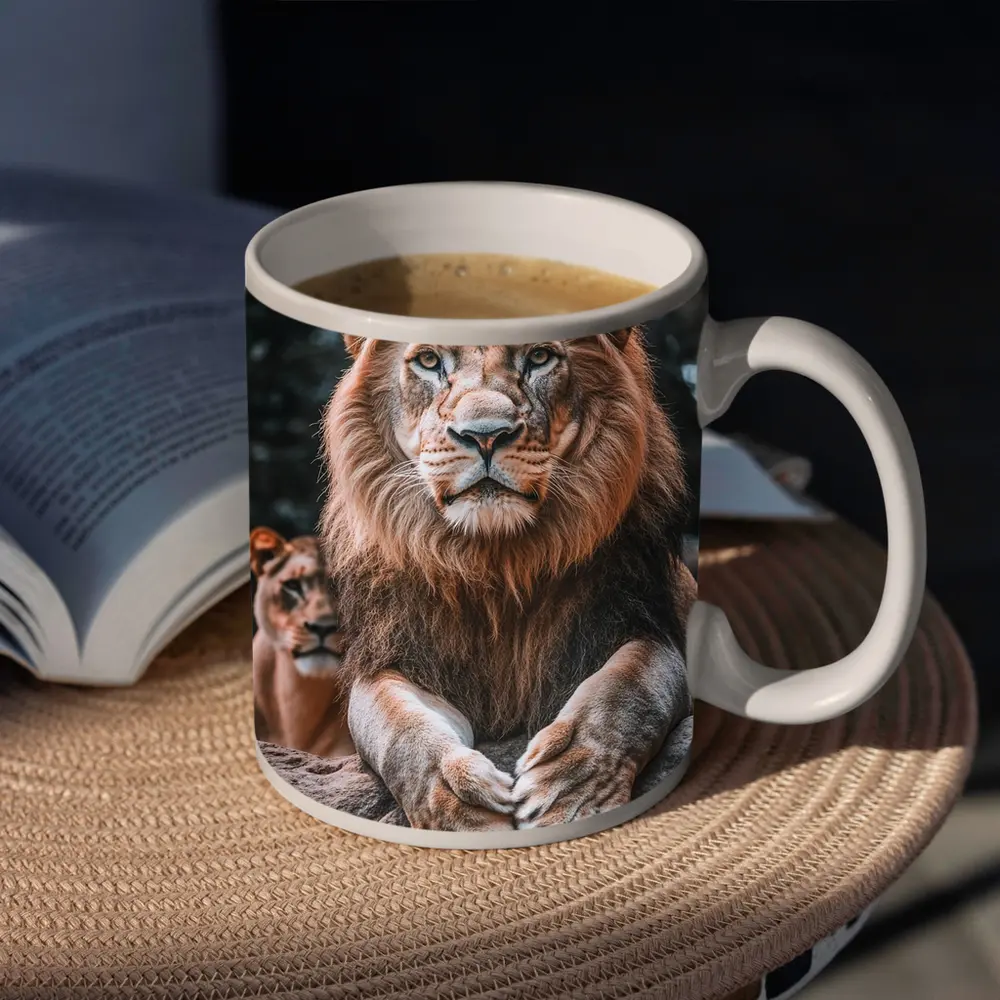 Male Lion Resting On Rocky Surface – Mugs