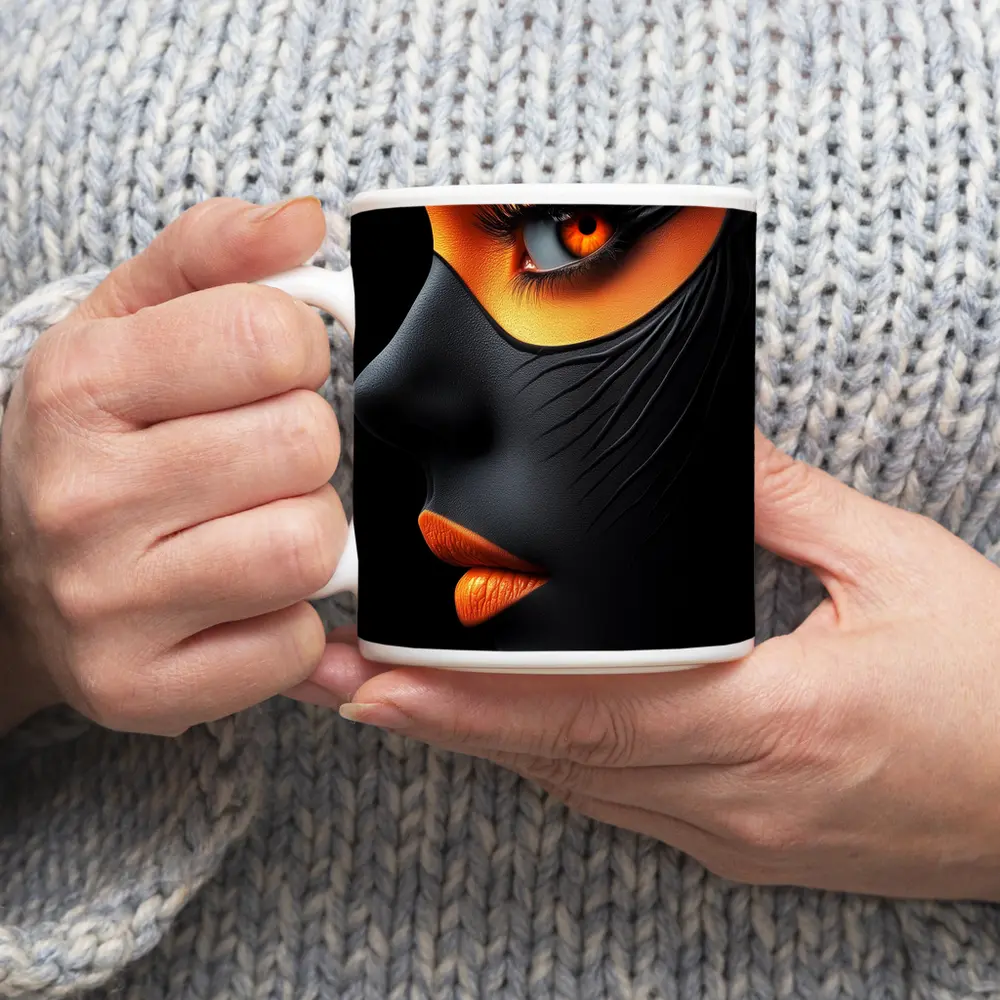 Black Face Portrait Orange Eye Makeup Art – Mugs