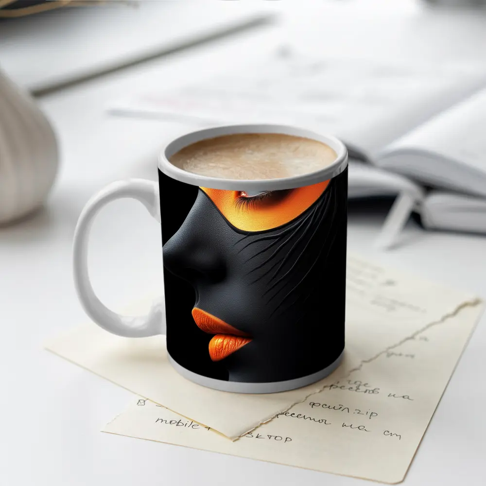 Black Face Portrait Orange Eye Makeup Art – Mugs
