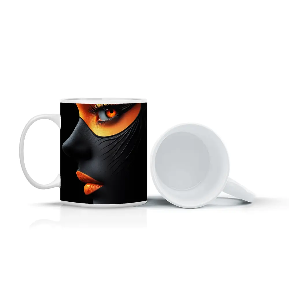 Black Face Portrait Orange Eye Makeup Art – Mugs