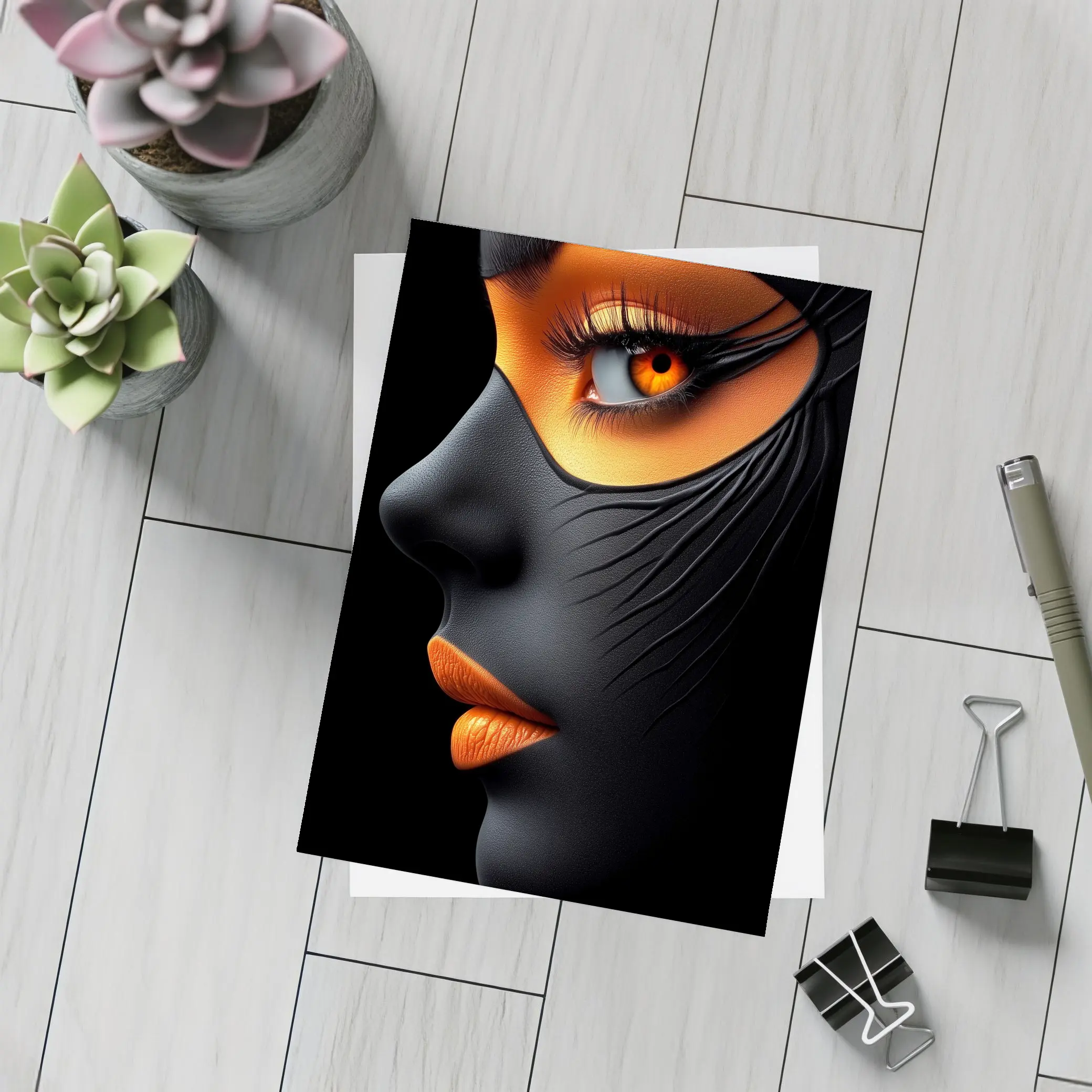 Black Face Portrait Orange Eye Makeup Art – Postcards