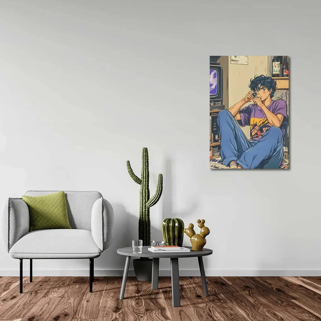 Anime Boy Relaxing in Messy Retro Room – Wall Art
