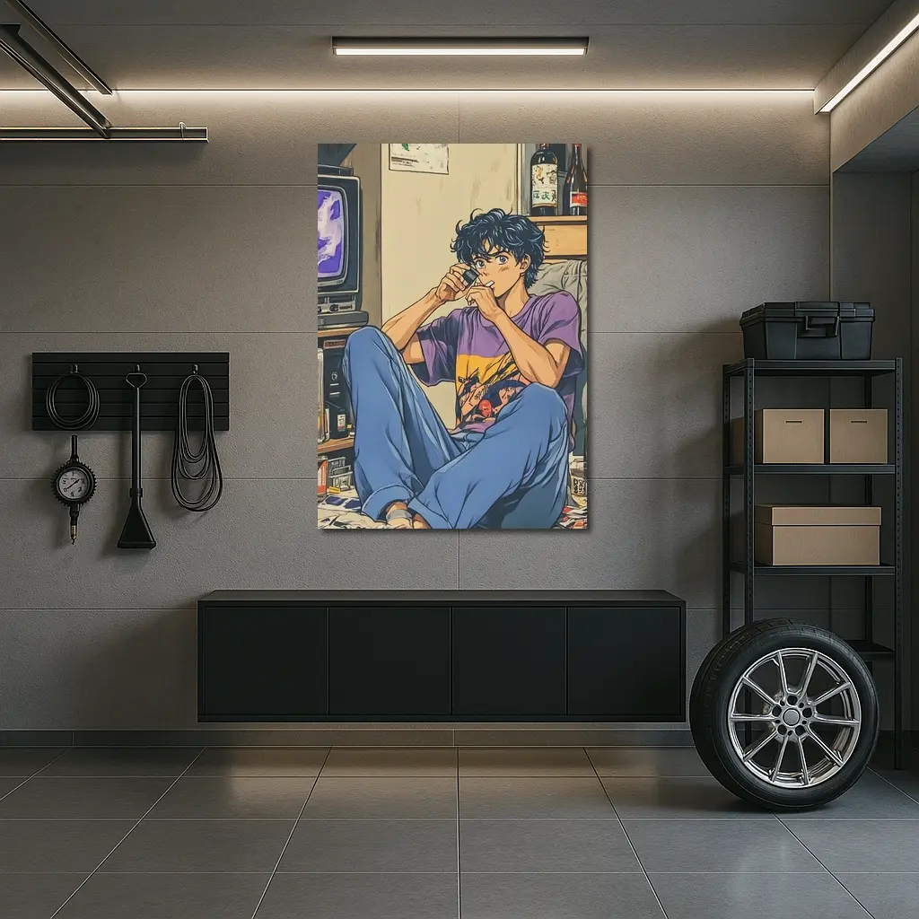 Anime Boy Relaxing in Messy Retro Room – Wall Art