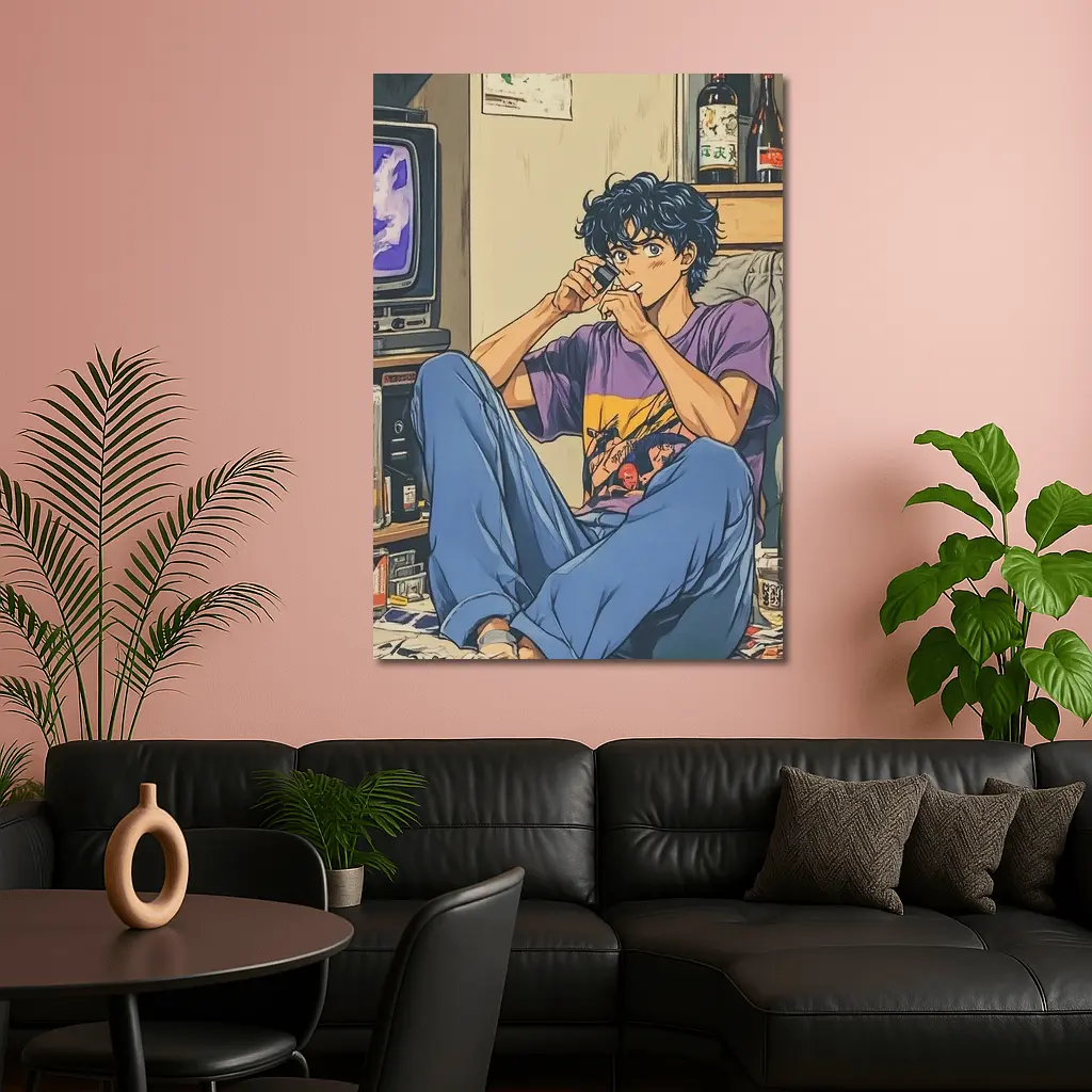 Anime Boy Relaxing in Messy Retro Room – Wall Art