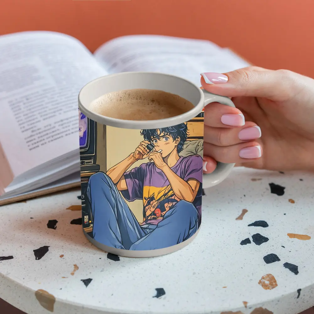 Anime Boy Relaxing in Messy Retro Room – Mugs