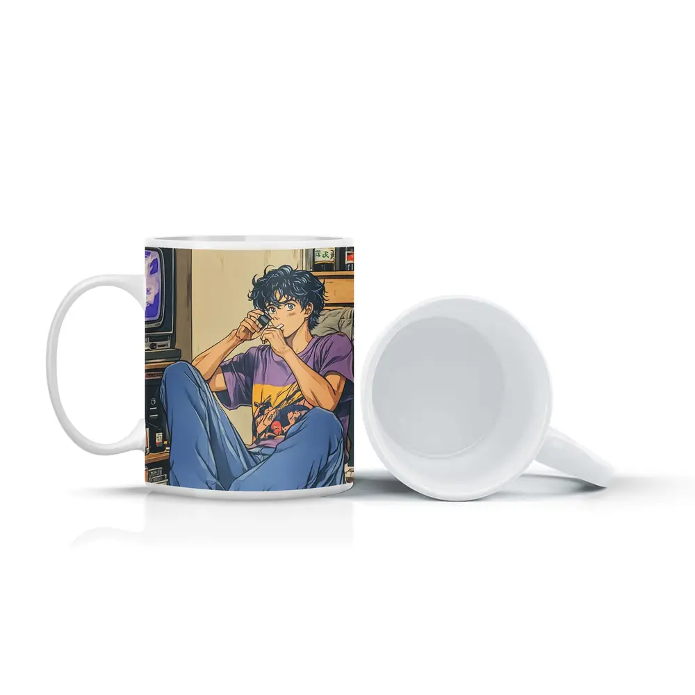 Anime Boy Relaxing in Messy Retro Room – Mugs