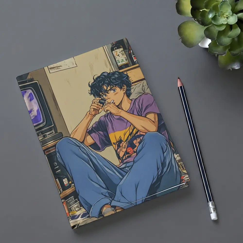Anime Boy Relaxing in Messy Retro Room – Notebooks