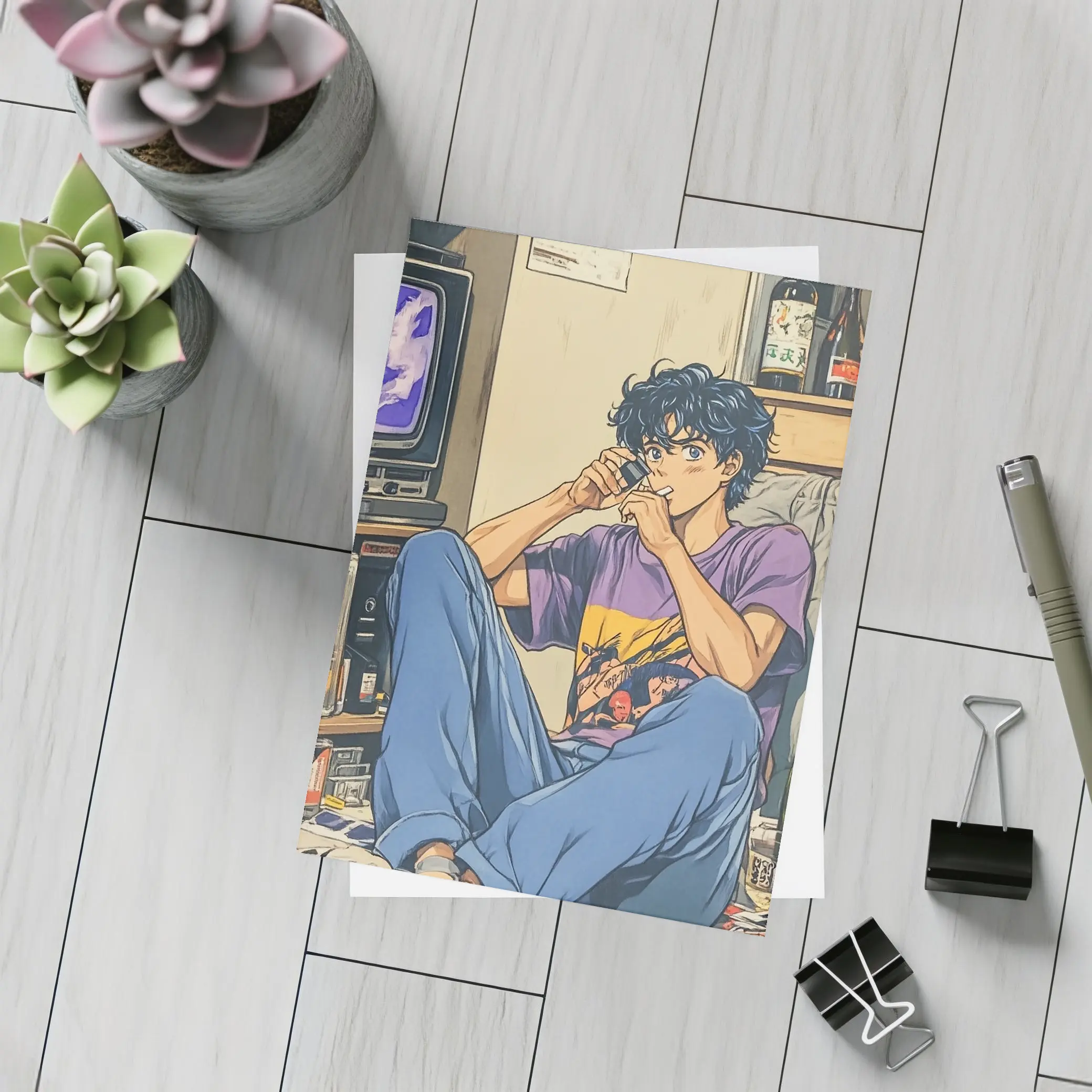 Anime Boy Relaxing in Messy Retro Room – Postcards
