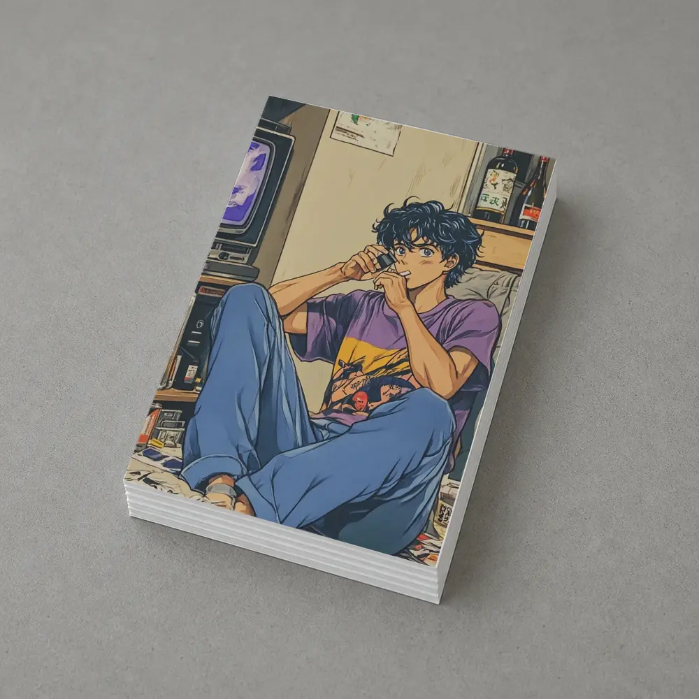 Anime Boy Relaxing in Messy Retro Room – Postcards