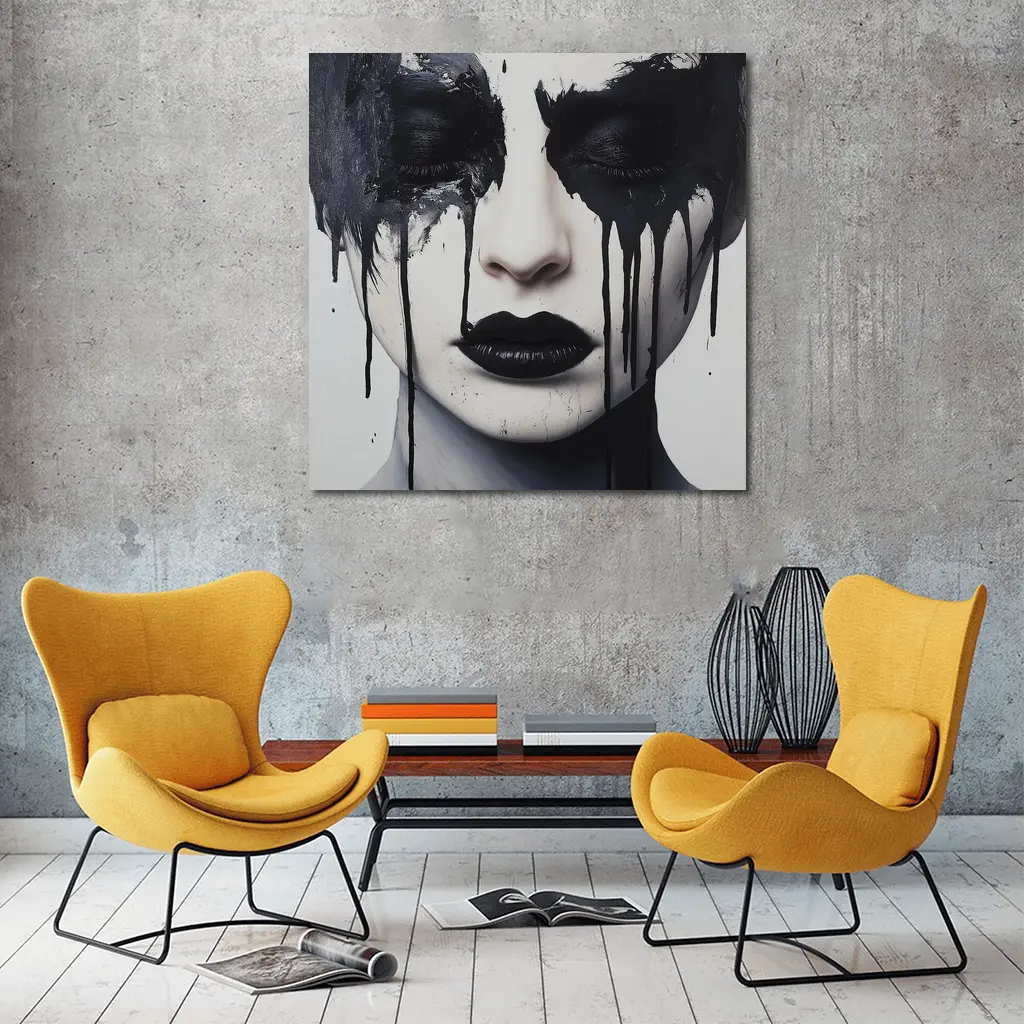 Dark Ink Drip Woman Face Black White – Wall Art