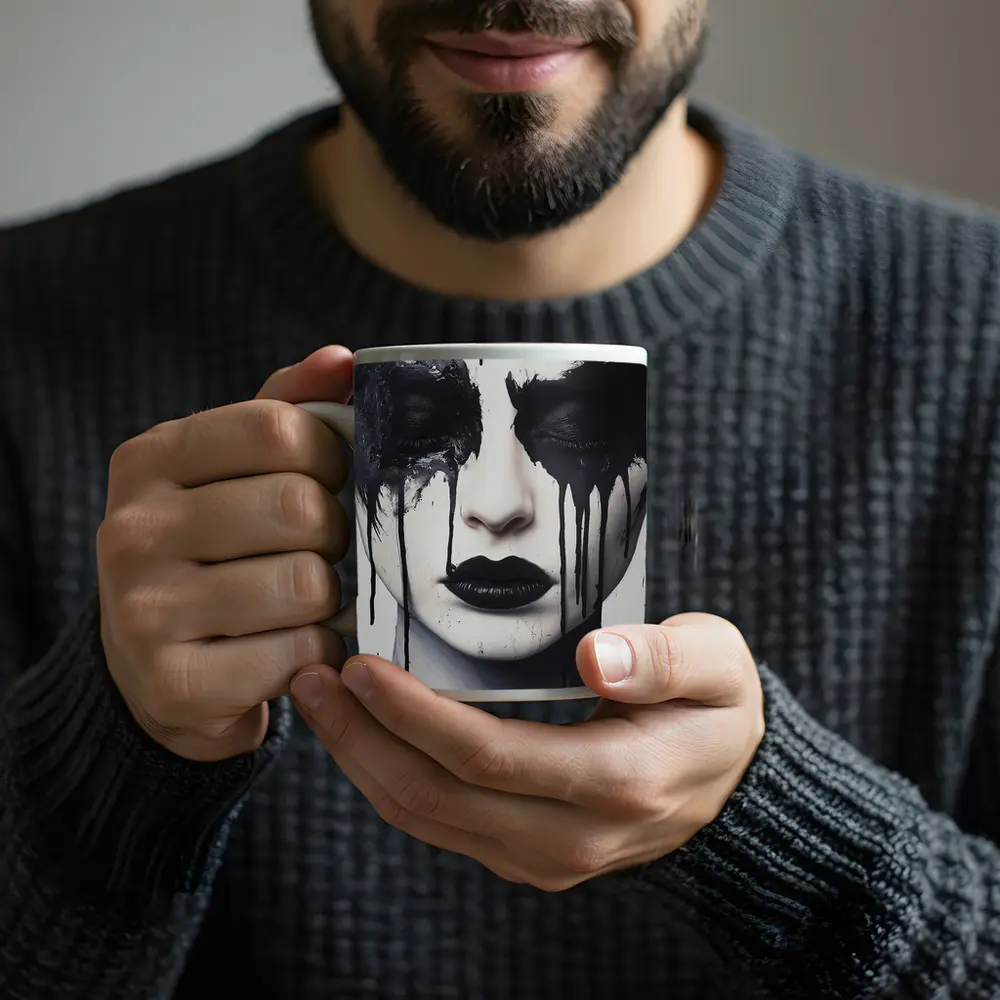 Dark Ink Drip Woman Face Black White – Mugs