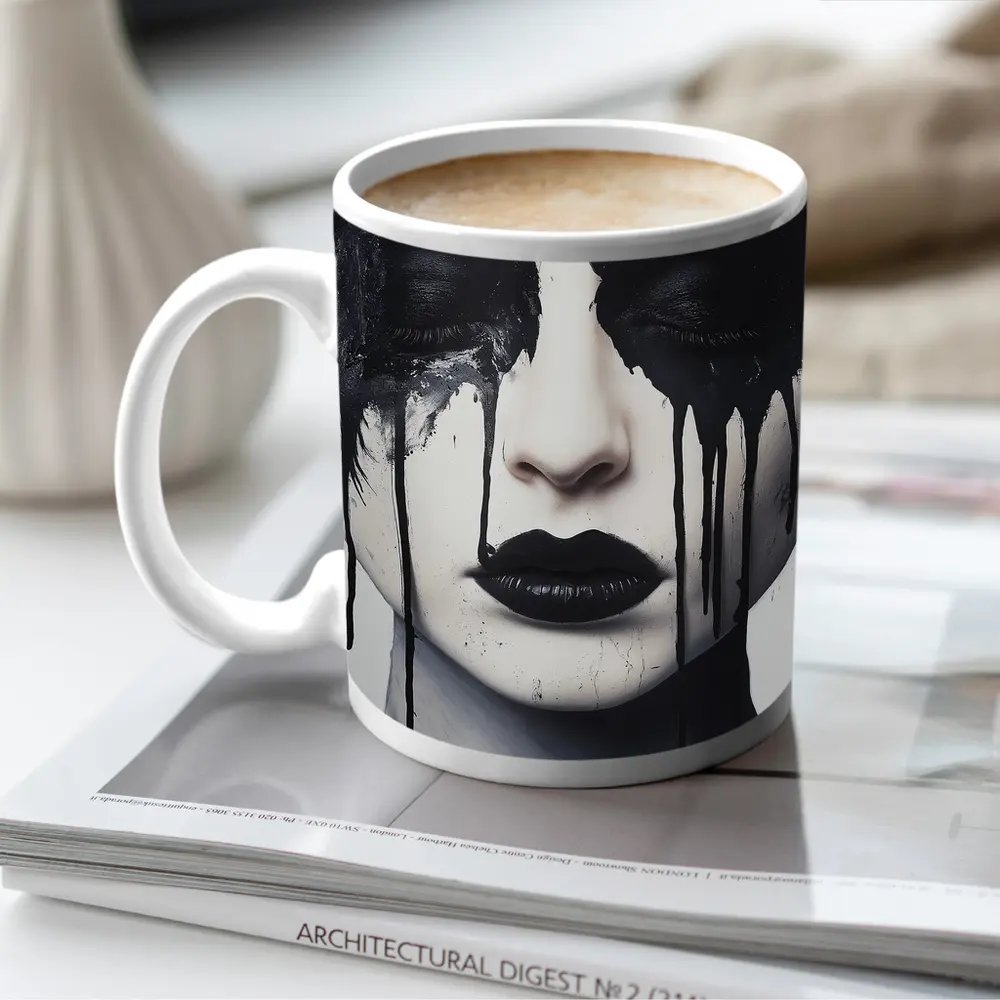 Dark Ink Drip Woman Face Black White – Mugs