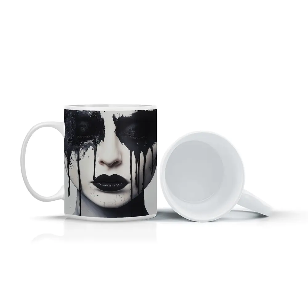 Dark Ink Drip Woman Face Black White – Mugs