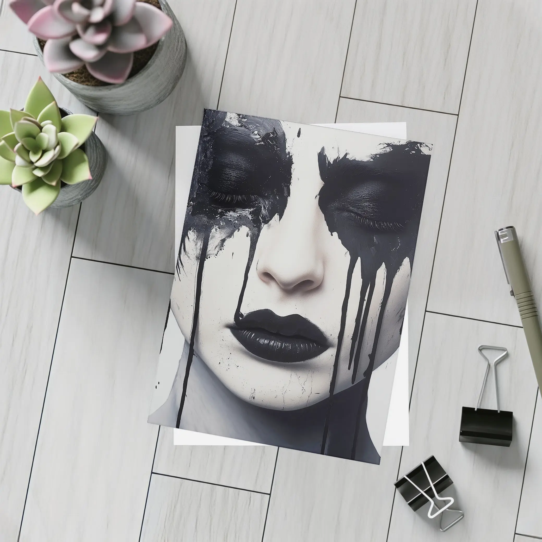 Dark Ink Drip Woman Face Black White – Postcards
