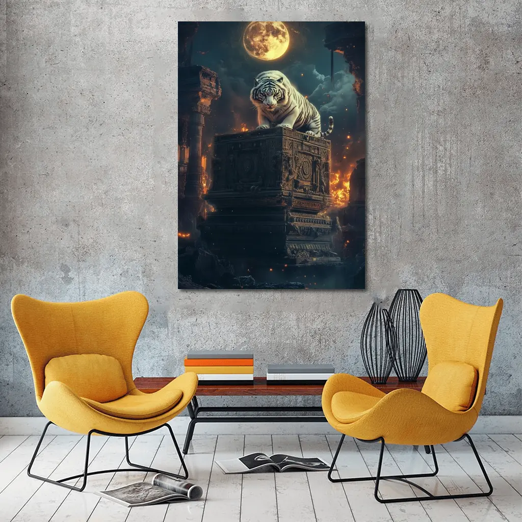 White Tiger Perched on Ancient Ruins Moonlight – Wall Art