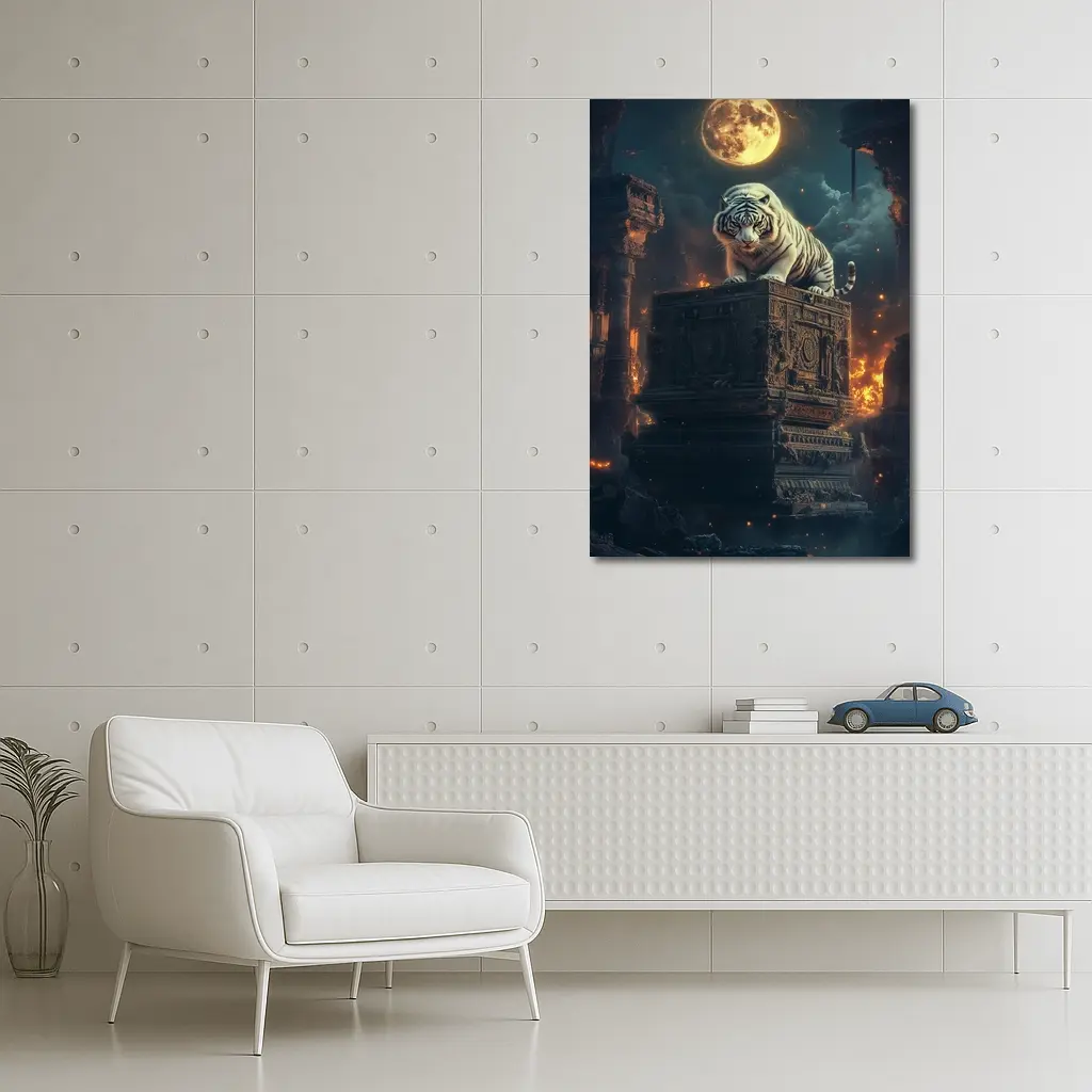 White Tiger Perched on Ancient Ruins Moonlight – Wall Art